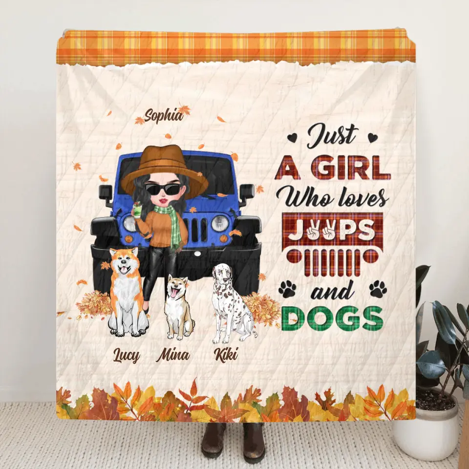Personalized Off-road Autumn Girl Fleece Throw Blanket/Quilt - Gift Idea For Girl/Dog Lovers - Up to 3 Dogs - Just A Girl