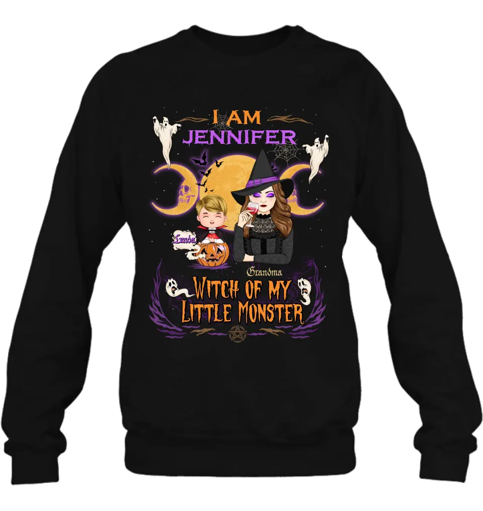 Personalized Grandma & Grandkid Witch Shirt/Hoodie - Halloween Gift For Grandkid - Up to 4 Kids - I Am Witch Of My Little Monsters