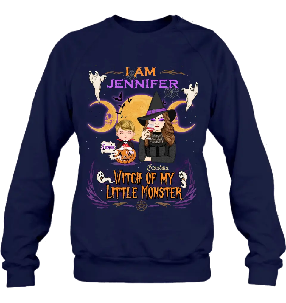 Personalized Grandma & Grandkid Witch Shirt/Hoodie - Halloween Gift For Grandkid - Up to 4 Kids - I Am Witch Of My Little Monsters