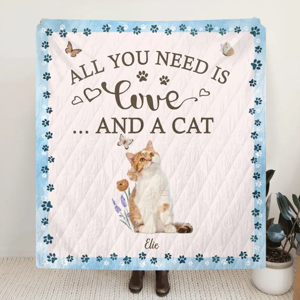 Personalized Cat Photo Fleece Throw Blanket/Quilt - Gift Idea For Cat Lover - All You Need Is Love And Cats