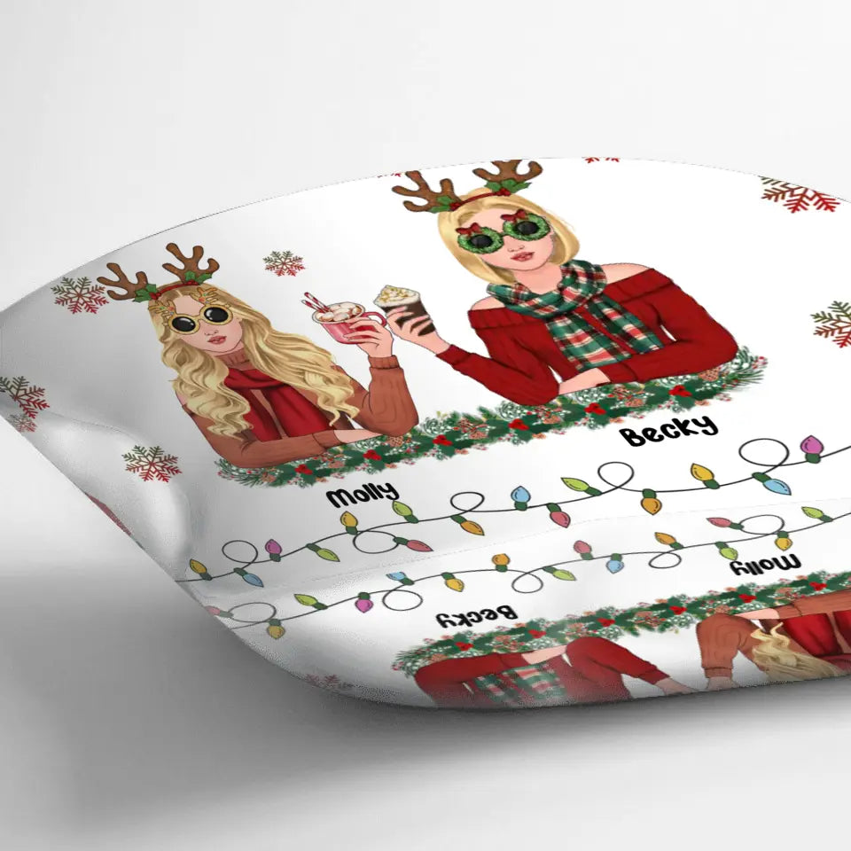 Personalized Christmas Friends Pillow Cover - Christmas Gift Idea For Friends/Sisters/Besties - Up to 5 Girls - Best Bitches Here's To Another Year Of Bonding Over Alcohol