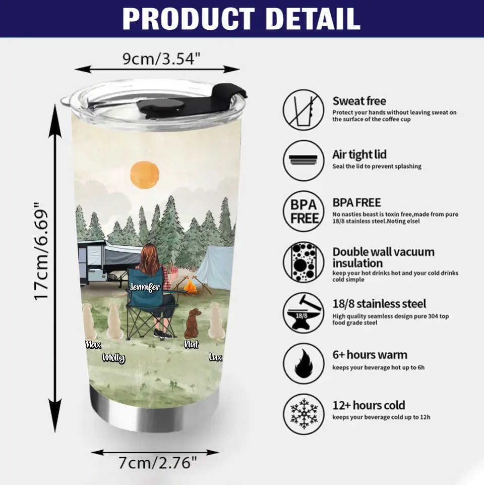 Personalized Camping Tumbler - Gift Idea For Girl & Dogs - Up to 4 Dogs - Happiness Is Camping With My Dogs