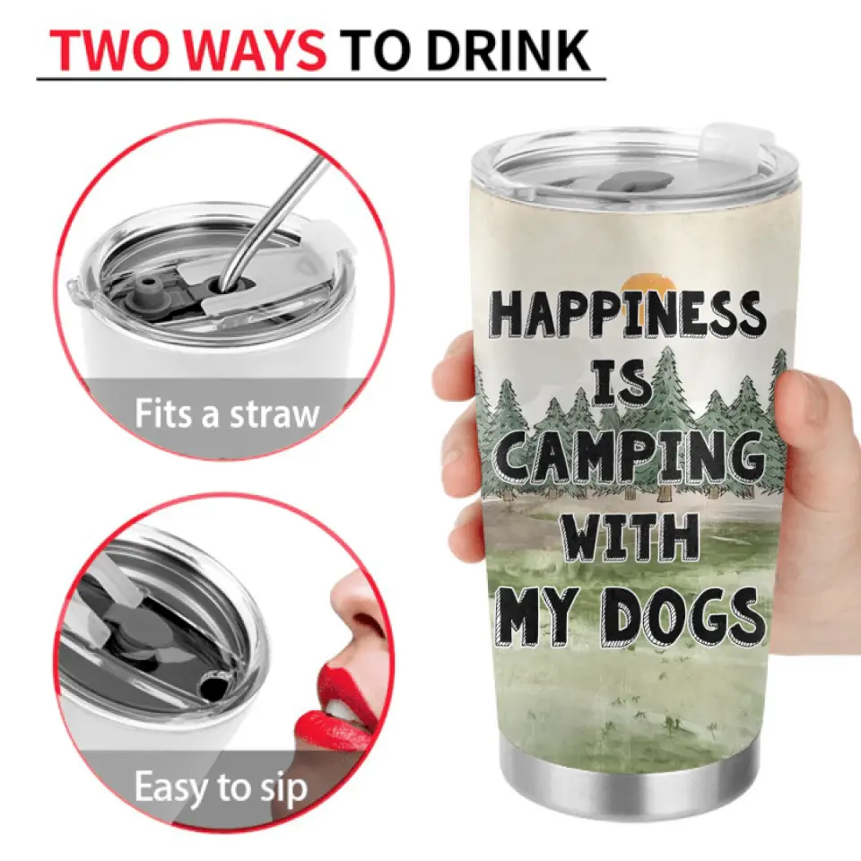 Personalized Camping Tumbler - Gift Idea For Girl & Dogs - Up to 4 Dogs - Happiness Is Camping With My Dogs
