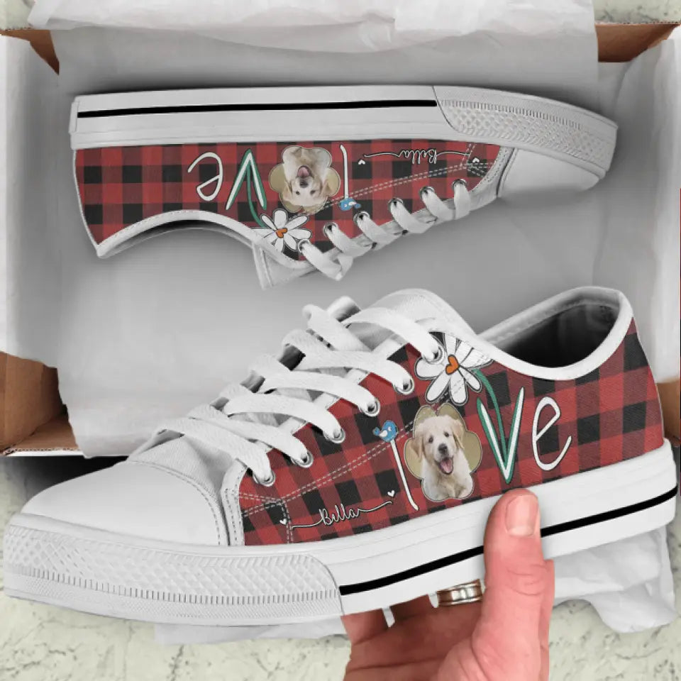 Personalized Dog Photo Caro Pattern Sneakers - Gift Idea For Dog Lovers - Birthday/Christmas Day Gift