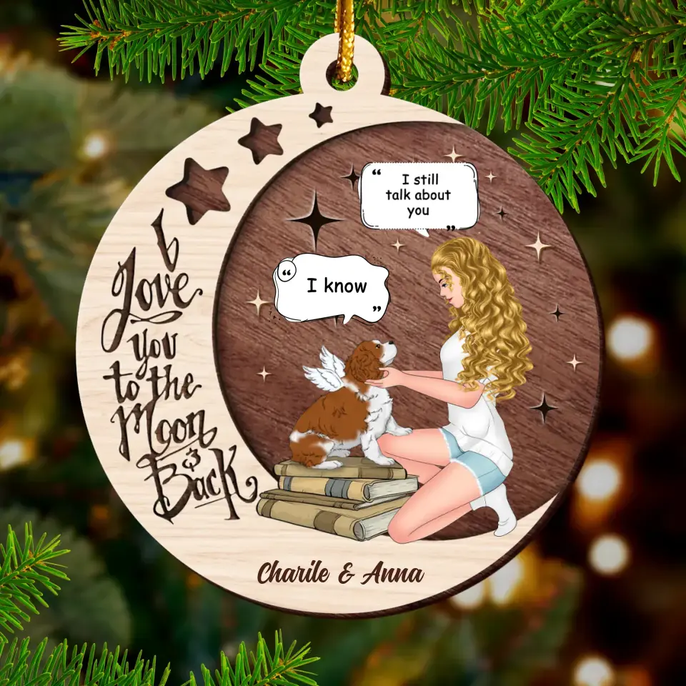 Personalized Memorial Hugging Dog Circle Wooden Ornament - Memorial Gift Idea For Dog Mom - I Love You To The Moon & Back