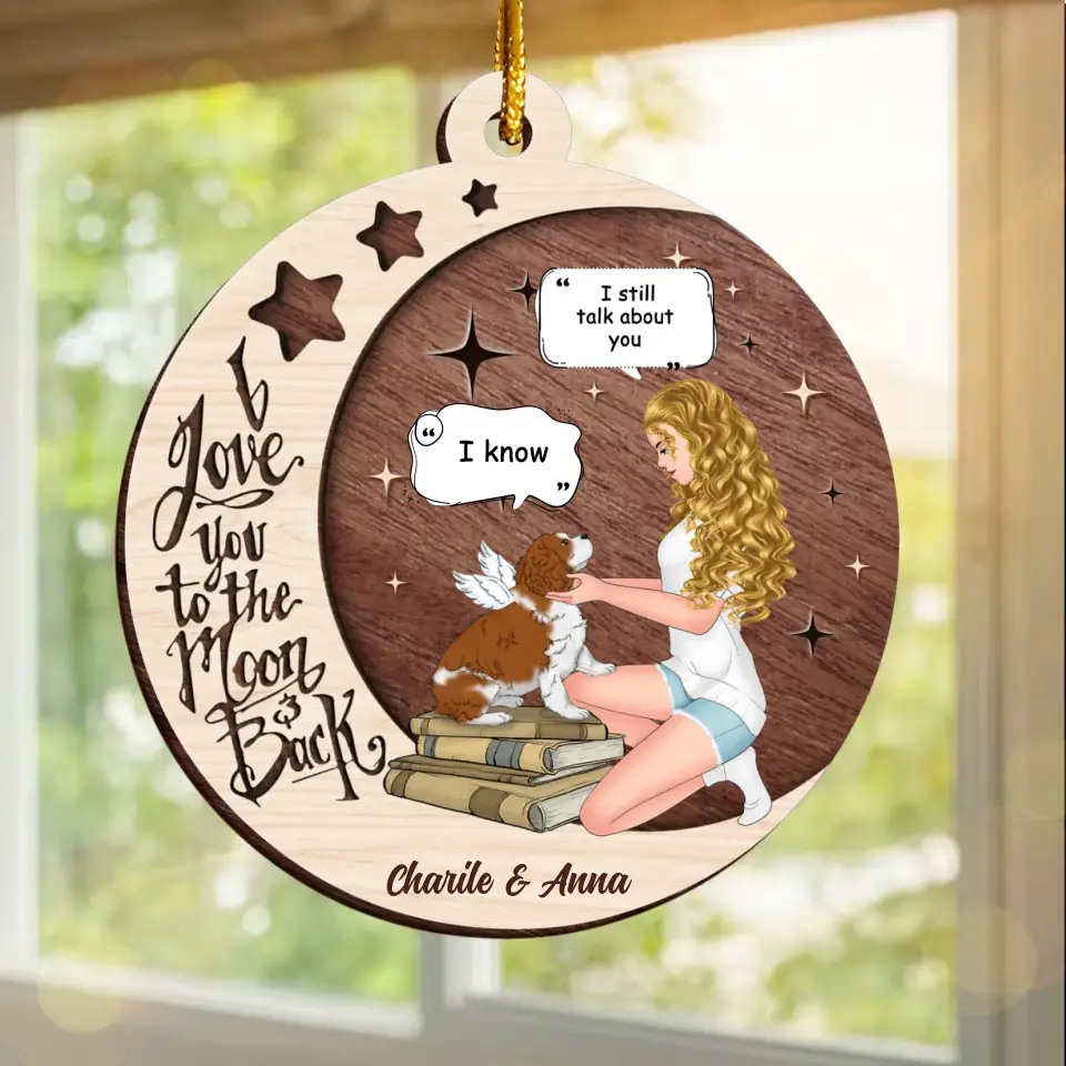 Personalized Memorial Hugging Dog Circle Wooden Ornament - Memorial Gift Idea For Dog Mom - I Love You To The Moon & Back
