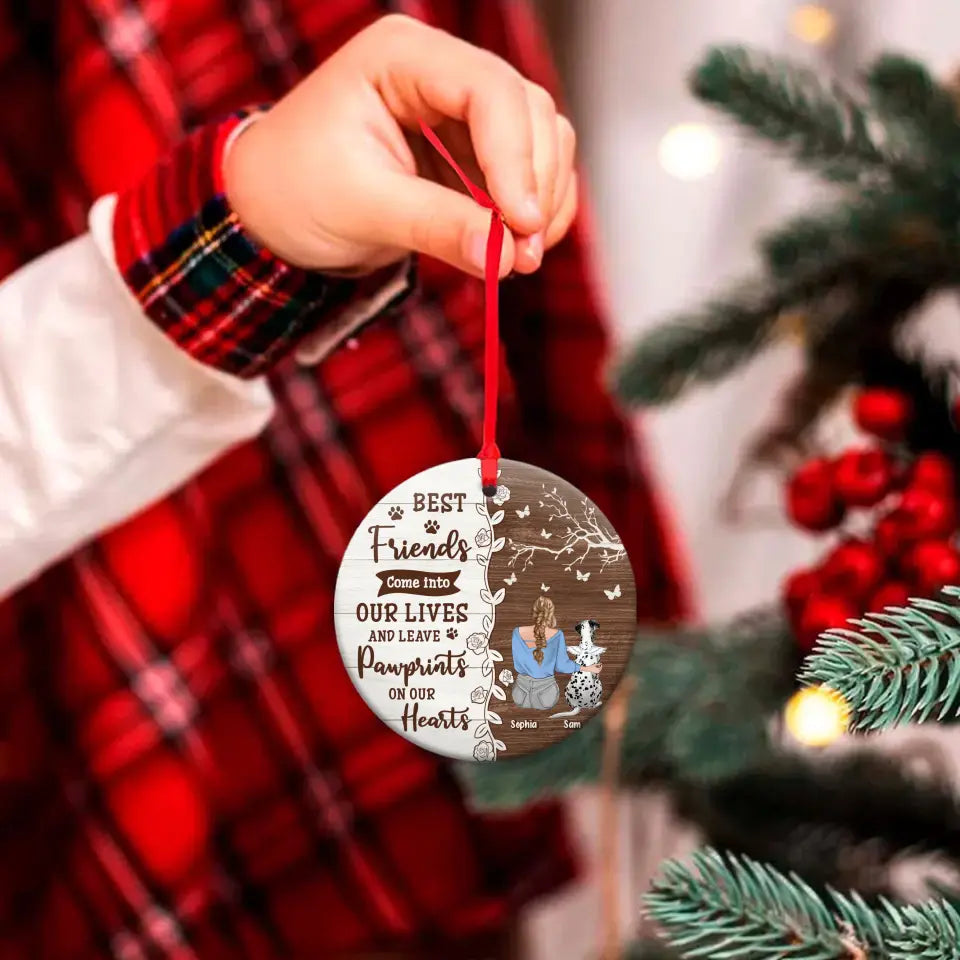 Personalized Memorial Dog Circle Wooden Ornament - Up to 3 Pets - Memorial Gift Idea For Dog/Cat Lover - Best Friends Come Into Our Lives And Leave Paw Prints On Our Hearts