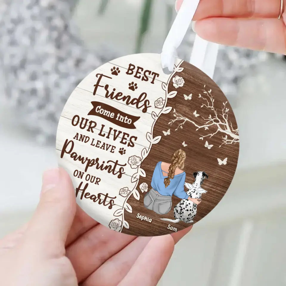 Personalized Memorial Dog Circle Wooden Ornament - Up to 3 Pets - Memorial Gift Idea For Dog/Cat Lover - Best Friends Come Into Our Lives And Leave Paw Prints On Our Hearts
