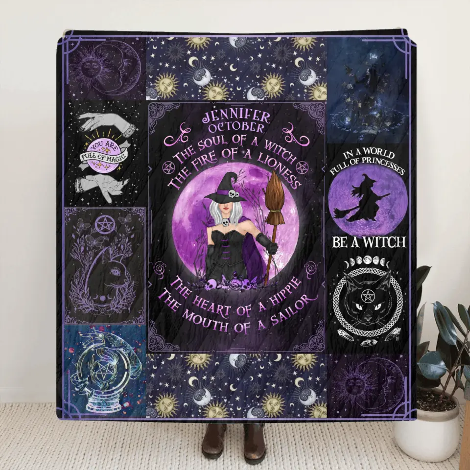 Personalized Witch Fleece Throw Blanket & Quilt - Halloween Gift Idea For Witch Lovers - October Woman The Soul of A Witch The Fire Of A Lioness