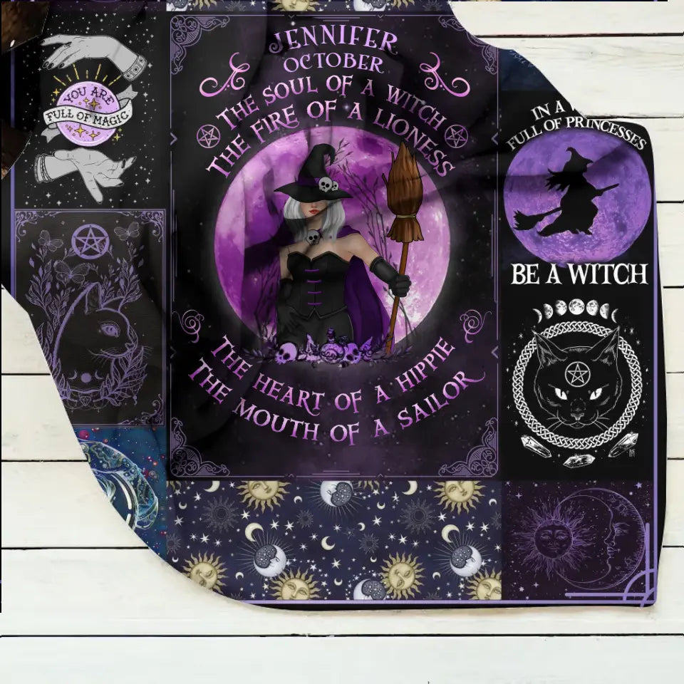 Personalized Witch Fleece Throw Blanket & Quilt - Halloween Gift Idea For Witch Lovers - October Woman The Soul of A Witch The Fire Of A Lioness