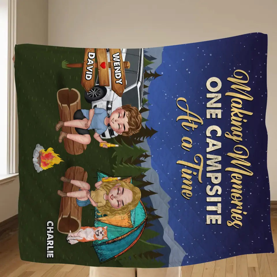 Personalized Camping Fleece Throw Blanket & Quilt - Gift Idea For Couple/Dog Lovers - Making Memories One Campsite At A Time