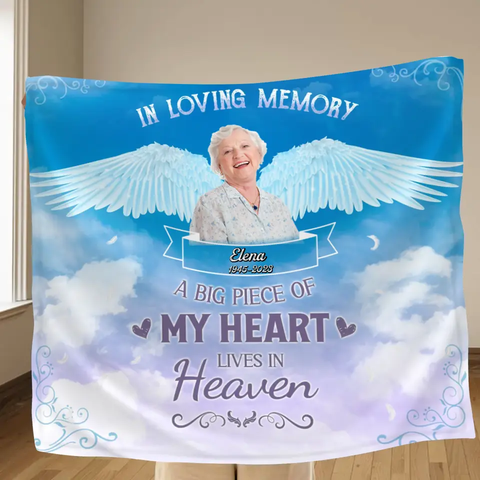 Personalized Memorial Photo Fleece Throw Blanket - Memorial Gift Idea For Family Member - A Big Piece Of My Heart Lives In Heaven