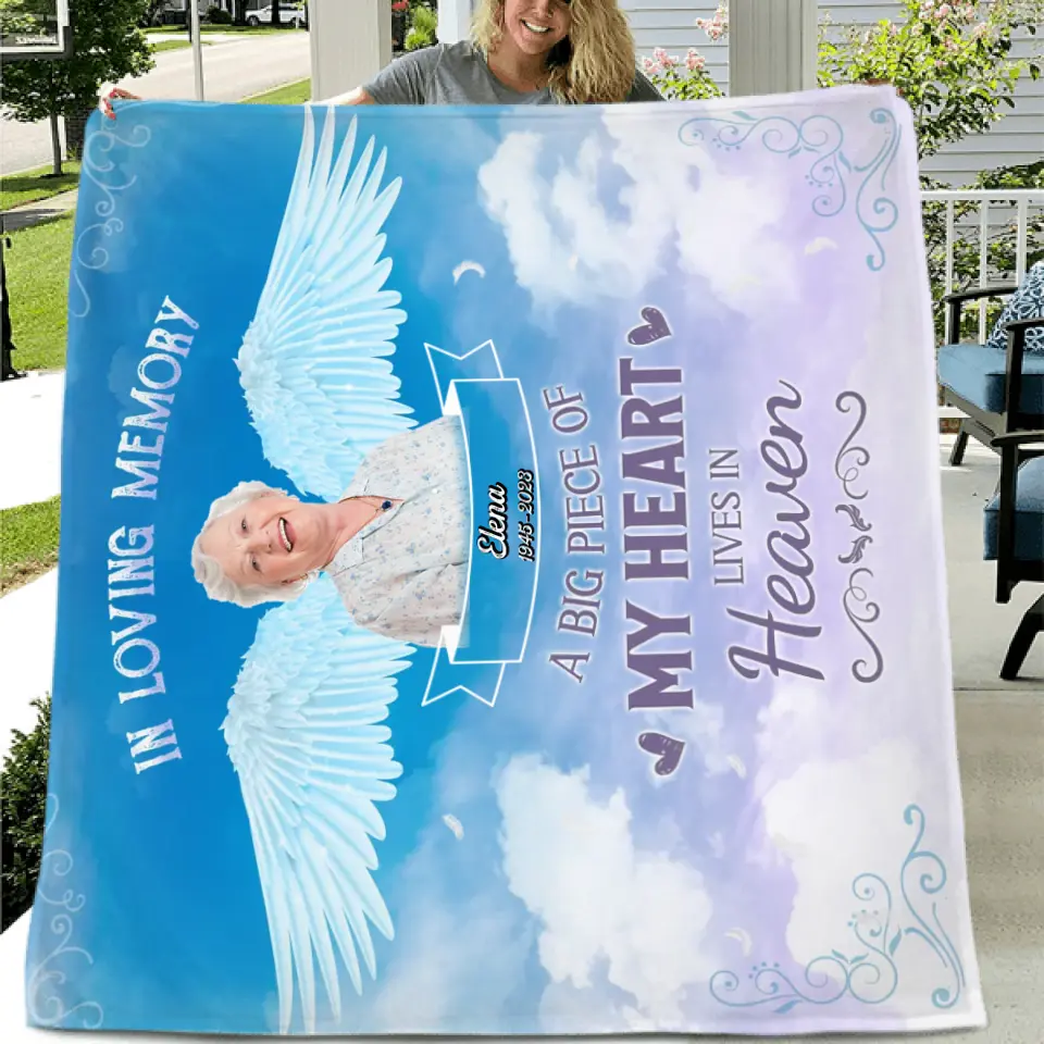 Personalized Memorial Photo Fleece Throw Blanket - Memorial Gift Idea For Family Member - A Big Piece Of My Heart Lives In Heaven