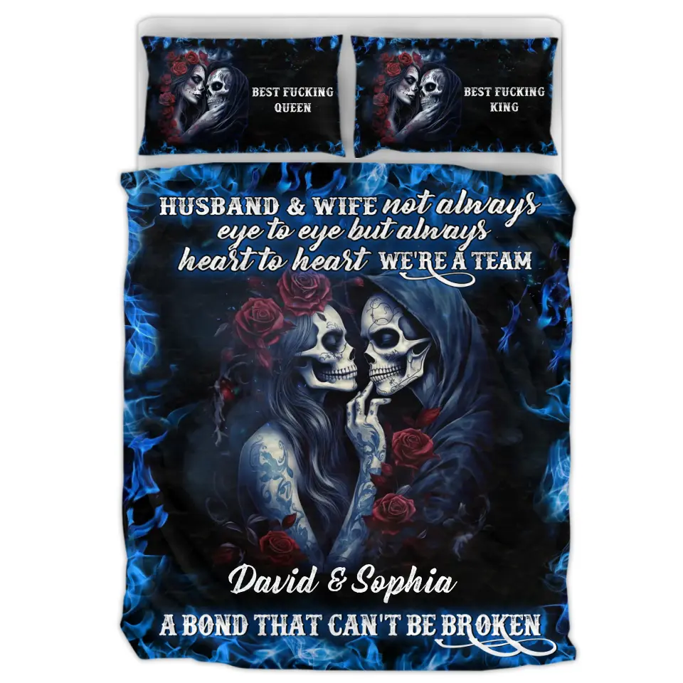 Personalized Skull Couple Quilt Bed Sets - Memorial Gift Idea For Him/Her - Husband & Wife Not Always Eye To Eye