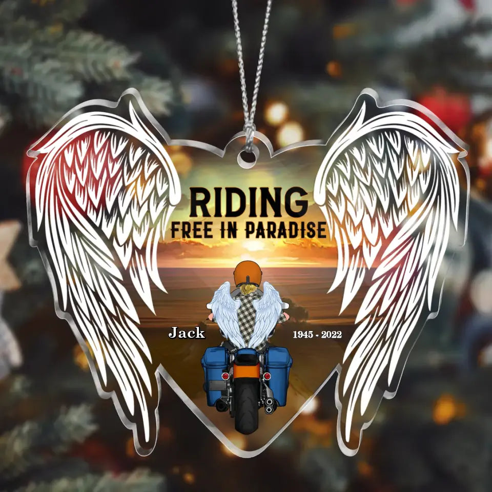 Personalized Memorial Acrylic Ornament - Memorial Gift Idea For Motorcycle Lovers - Riding Free In Paradise