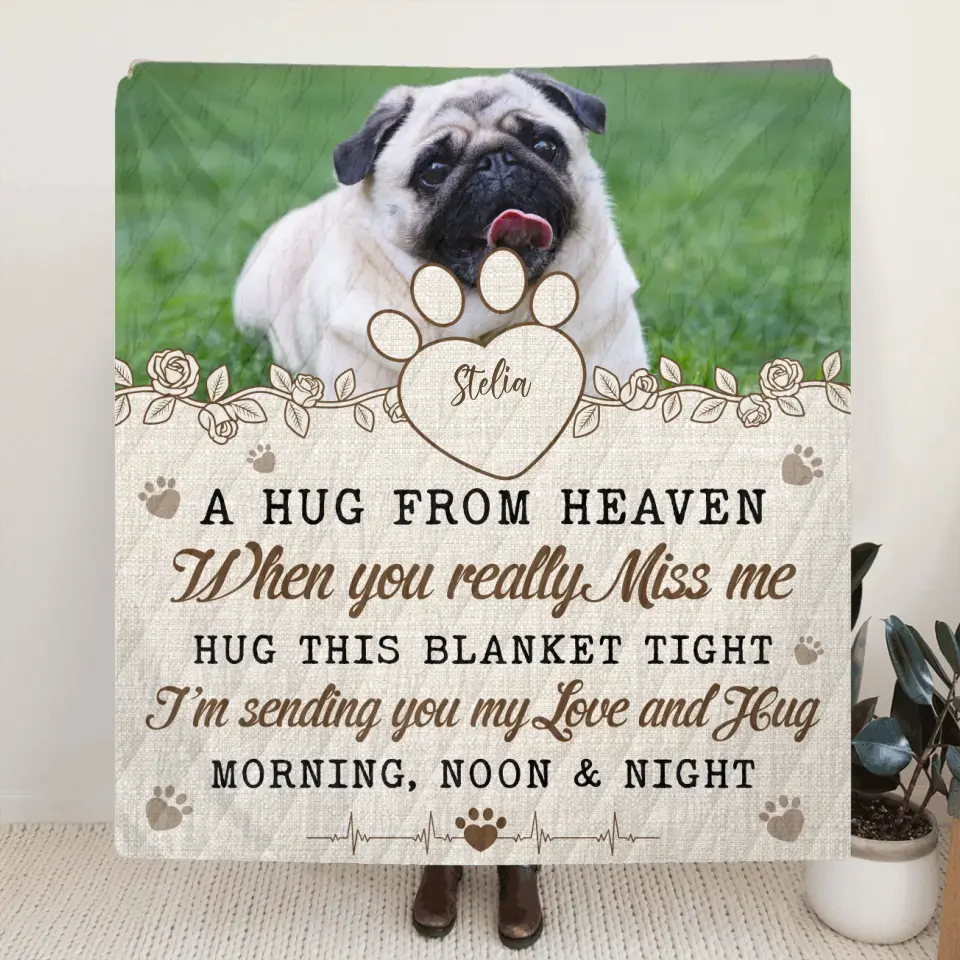 Personalized Memorial Pet Fleece Throw Blanket & Quilt - Upload Photo - Memorial Gift Idea For Pet Owners - A Hug From Heaven