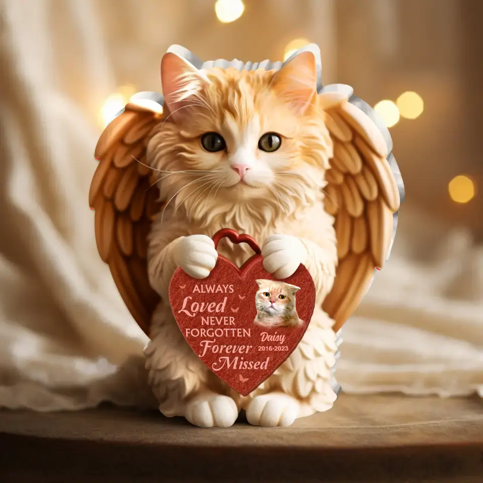 Personalized Angel Cute Cat Holding Heart Memorial Acrylic Plaque - Upload Photo - Memorial Gift Idea For Cat Owner - Always Loved Never Forgotten Forever Missed