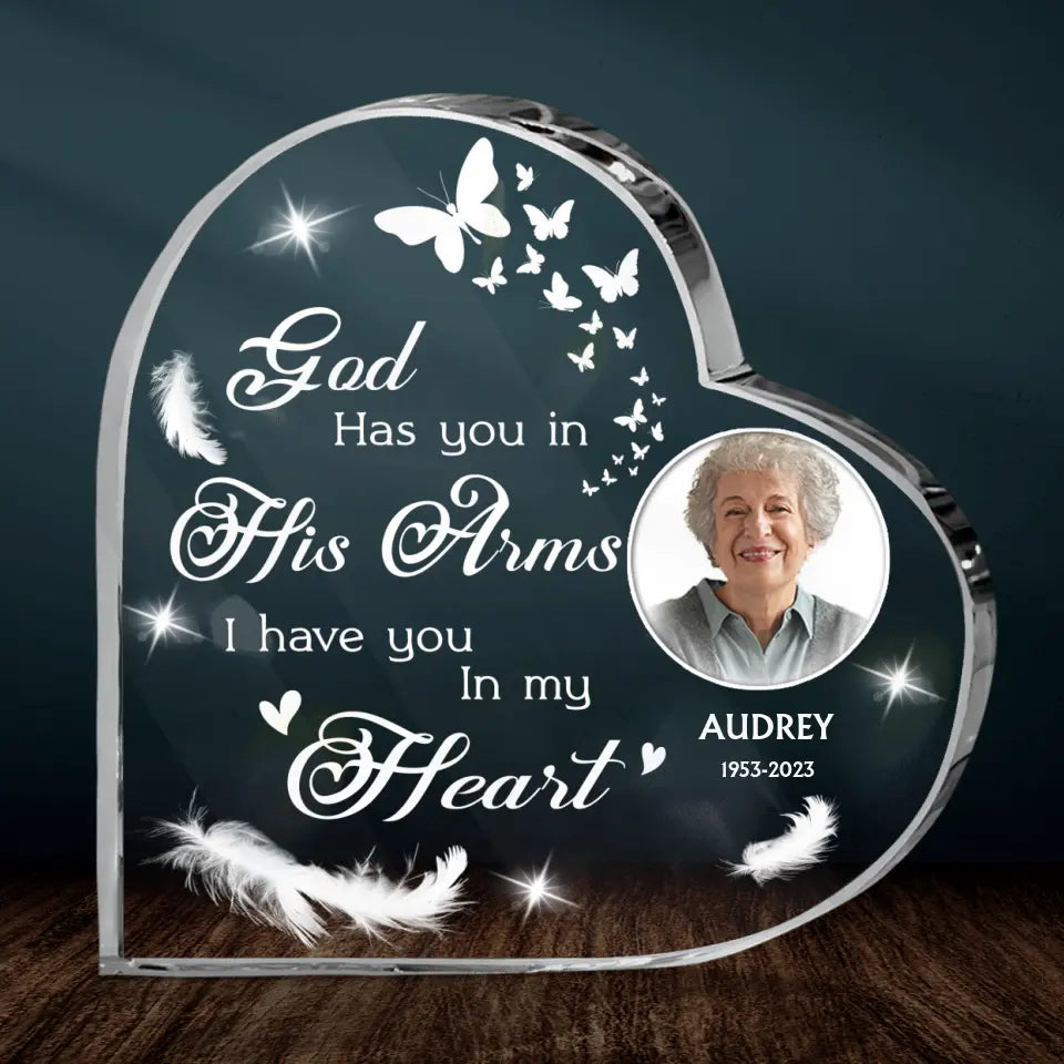 Personalized Memorial Acrylic Plaque - Upload Photo - Memorial Gift For Loss Of Family Member - God Has You In His Arms I Have You In My Heart