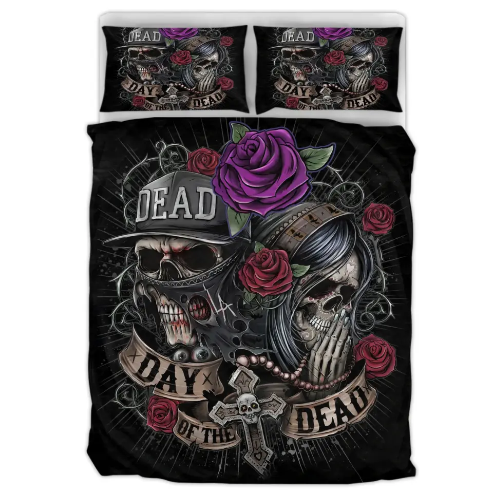 Skull Couple Quilt Bed Sets - Memorial Gift Idea For Him/Her - Day Of The Dead