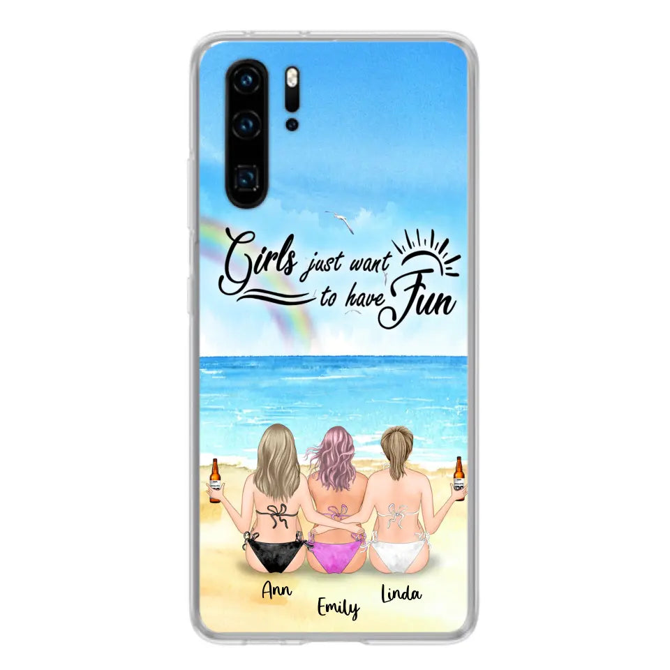 Personalized Best Friends Phone Case - Up to 3 Besties - Girls Just Want To Have Fun - Bikini Girls With Drinks