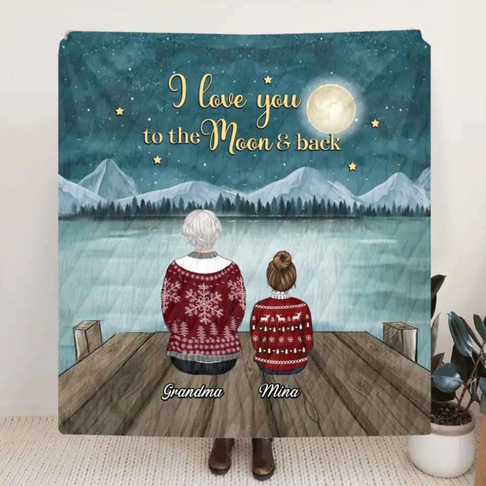 Personalized Grandma & Grandkids Fleece Throw Blanket/Quilt - Gift Idea For Grandma - Up To 6 Grandkids - I Love You To The Moon & Back