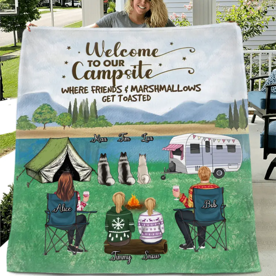 Personalized Camping Pillow Cover/Quilt/Fleece Blanket - Adult/Couple/Single Parent/Parents with Up to 2 Kids And 3 Pets - Gift Idea For Couple/Camping - Making Memories One Campsite At A Time