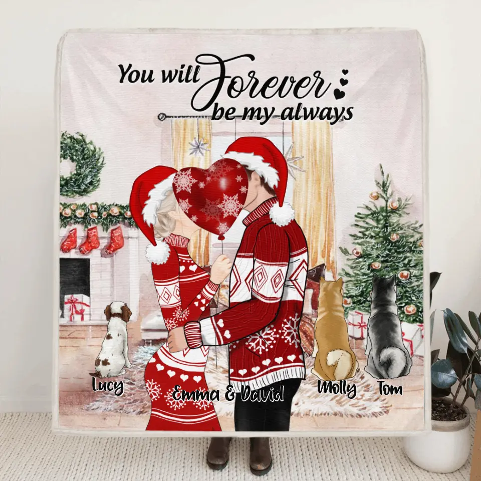 Personalized Kissing Couple Xmas Quilt/Fleece Blanket - Couple With Up to 3 Pets - Best Gift For Christmas - You Will Forever Be My Always - EWFNOK