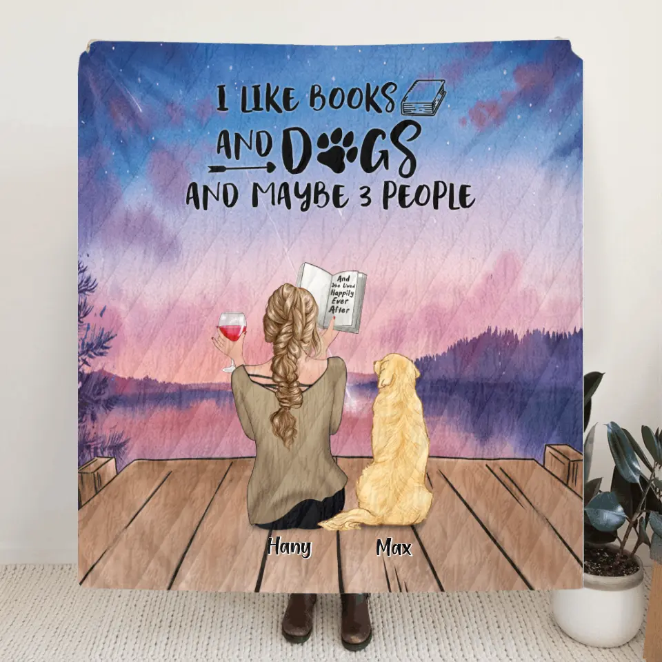 Personalized Dog Book Mom Quilt/Fleece Blanket/Pillow Cover - Woman With Up to 4 Dogs - Best Gift For Dog Lover - I Like Books And Dogs