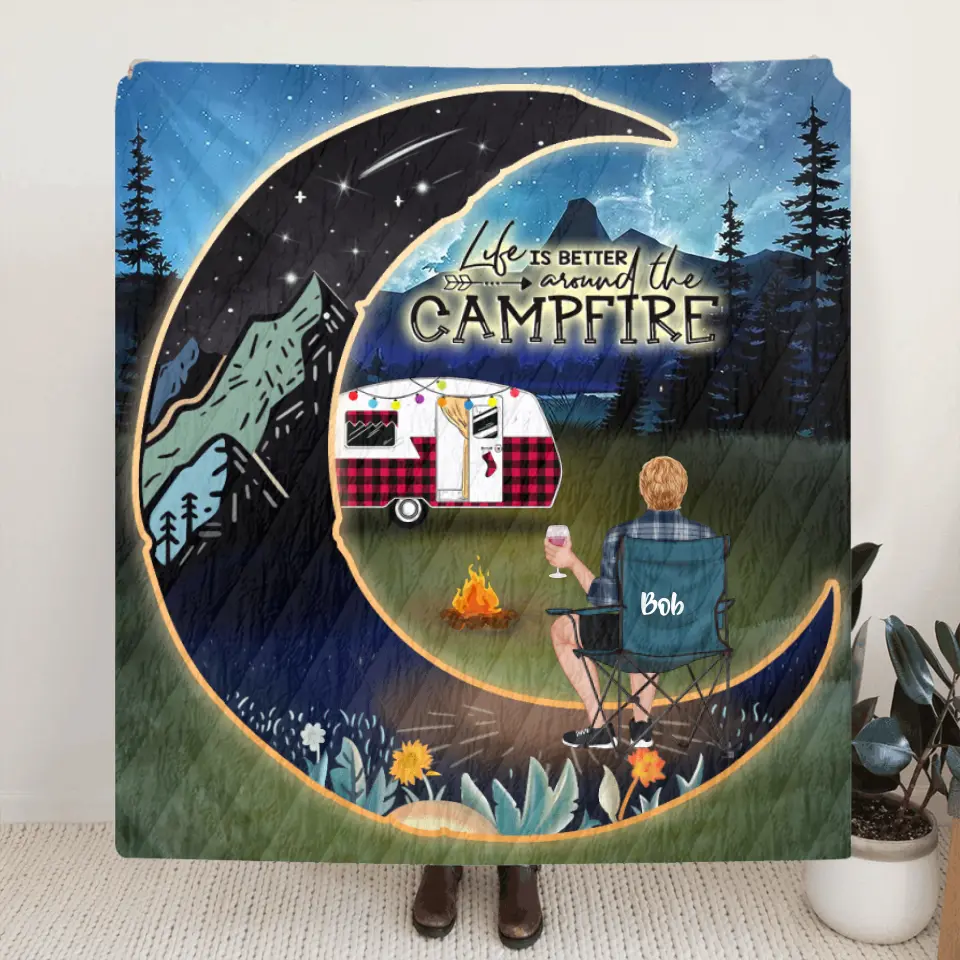 Personalized Night Camping Moon Quilt/Fleece Blanket - Man/Woman/Couple/ Parents With Up to 3 Kids And 5 Pets - Gift For Camping Lover - Life Is Better Around The Camfire