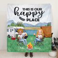 Personalized Camping Chibi Quilt/Fleece Blanket - Couple With Up to 3 Dogs - Gift Idea For Dog/Camping Lover/Couple - This is Our Happy Place
