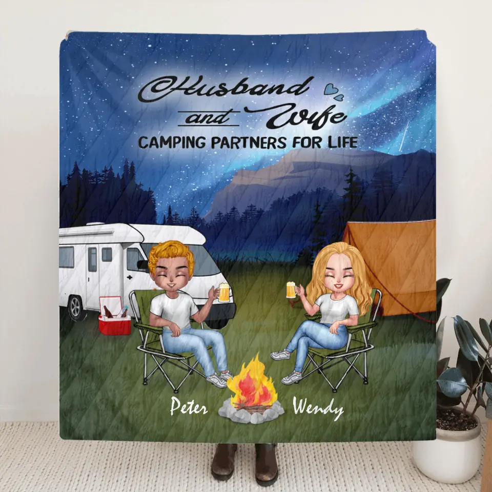Personalized Night Camping Chibi Quilt/Fleece Blanket - Couple With Up to 3 Dogs - Gift Idea For Dog/Camping Lover/Couple - Husband And Wife Camping Partners For Life