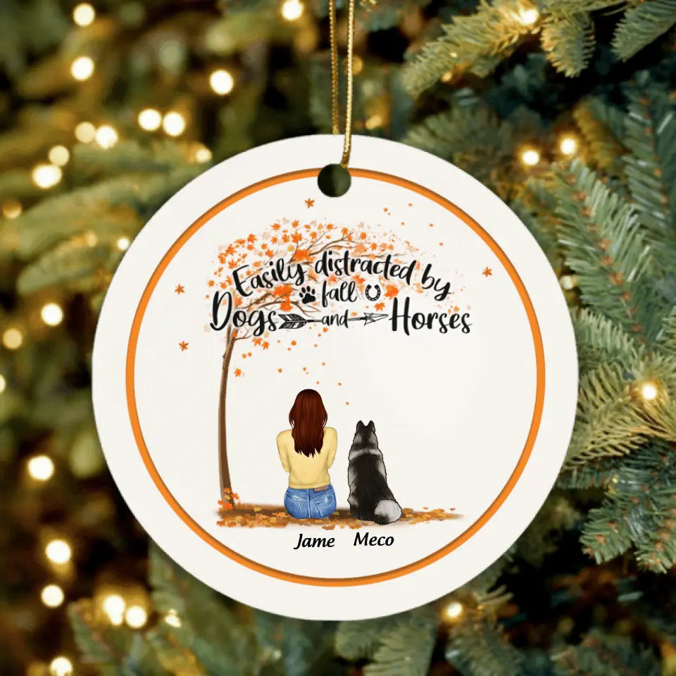 Personalized Horse Dog Mom In Autumn Ornament - Up to 3 Horses/Dogs - Easily Distracted By Fall Dogs And Horses