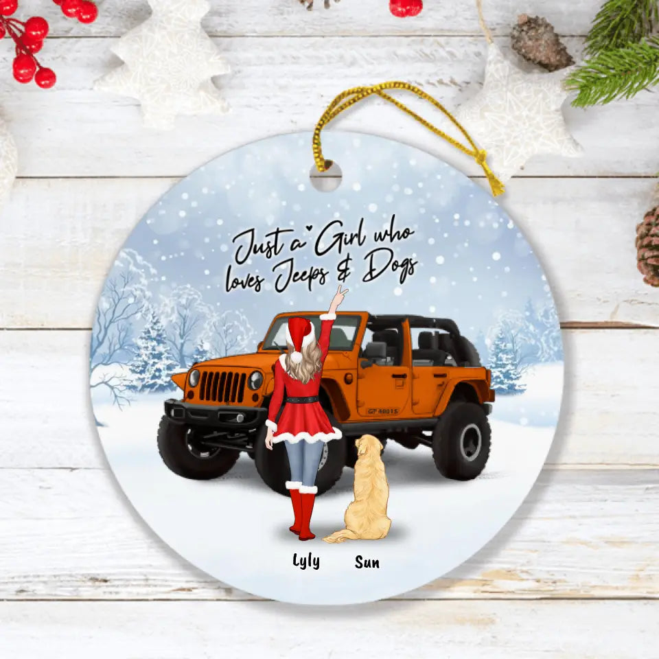 Personalized Christmas Off-road Girl Circle Ornament - Girl With Up to 4 Pets - Christmas Gift For Dog/ Cat Lover - Just A Girl