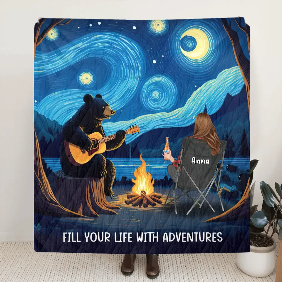 Personalized Camping Life Bear Playing Guitar Quilt/Fleece Throw Blanket - Gift Idea For Camping Lover - Fill Your Life With Adventures