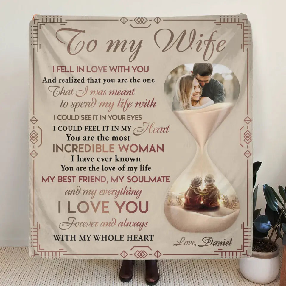 Personalized Couple Hourglass Quilt/Fleece Throw Blanket - Upload Photo - Gift Idea To Wife From Husband - To My Wife I Fell In Love With You
