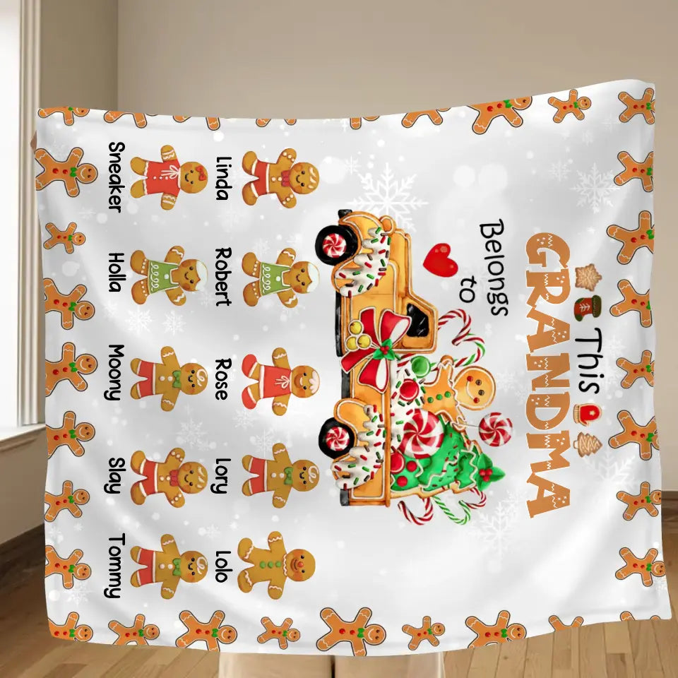 Personalized Christmas Gingerbread Grandma Quilt/Fleece Throw Blanket - Up to 10 Grandkids - Christmas Gift Idea For Grandma - This Grandma Belongs To