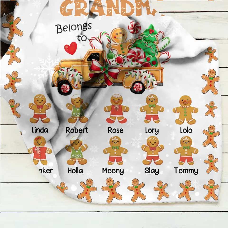 Personalized Christmas Gingerbread Grandma Quilt/Fleece Throw Blanket - Up to 10 Grandkids - Christmas Gift Idea For Grandma - This Grandma Belongs To