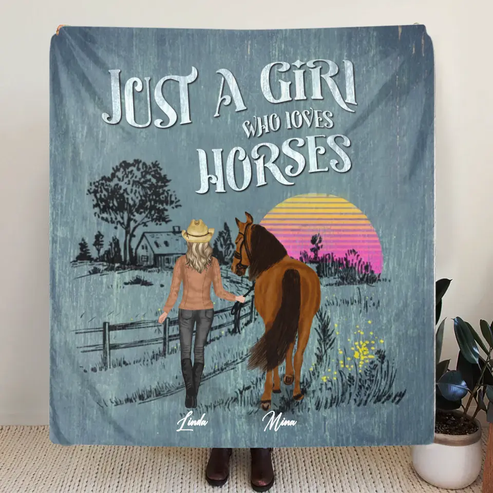 Personalized Horse Girl Quilt/Fleece Throw Blanket - Gift Idea For Girl/Horse Lovers - Up to 6 Horses - Just A Girl Who Loves Horses