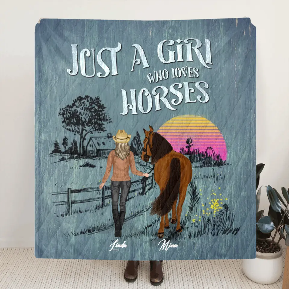 Personalized Horse Girl Quilt/Fleece Throw Blanket - Gift Idea For Girl/Horse Lovers - Up to 6 Horses - Just A Girl Who Loves Horses