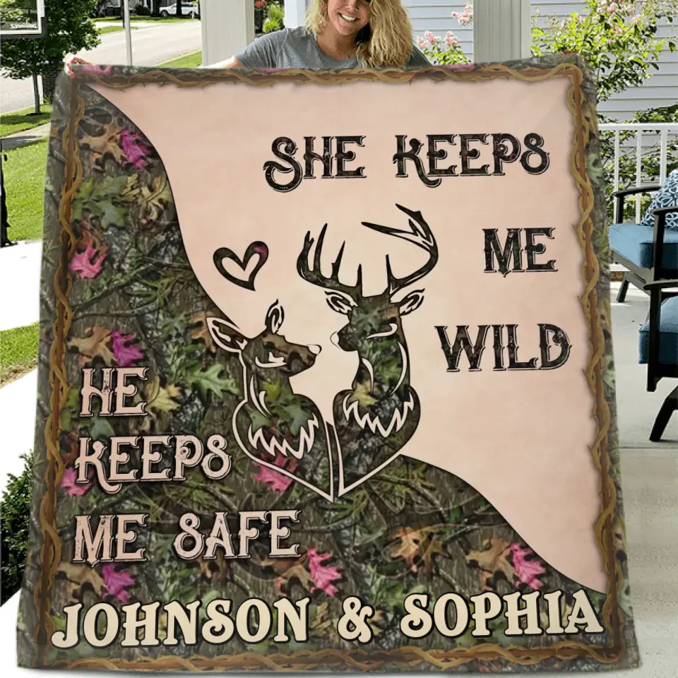 Personalized Couple Fleece Throw Blanket & Quilt - Valentine's Day Gift Idea For Couple/Him & Her - She Keeps Me Wild
