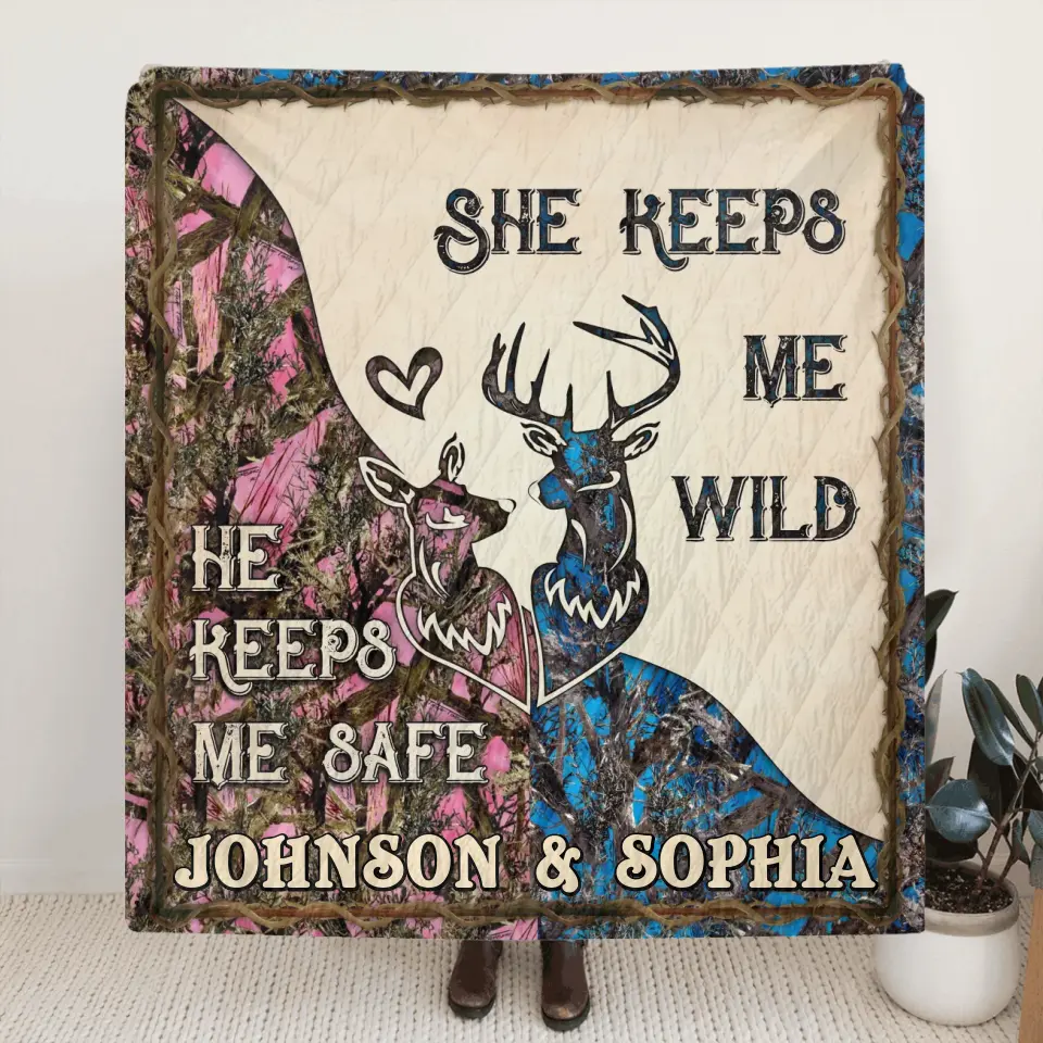 Personalized Couple Fleece Throw Blanket & Quilt - Valentine's Day Gift Idea For Couple/Him & Her - He Keeps Me Safe