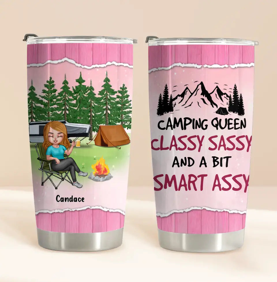 Personalized Camping Queen Tumbler - Up to 7 Friends - Gift Idea for Camping Lovers/Friends - Camping Queen Classy Sassy And A Bit Smart Assy