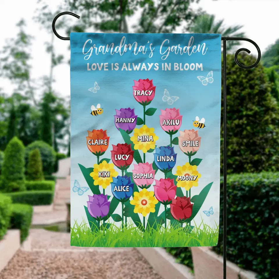 Personalized Grandma's Garden Flag Sign - Gift Idea For Grandma Lovers - Up to 12 Kids - Love Is Always In Bloom