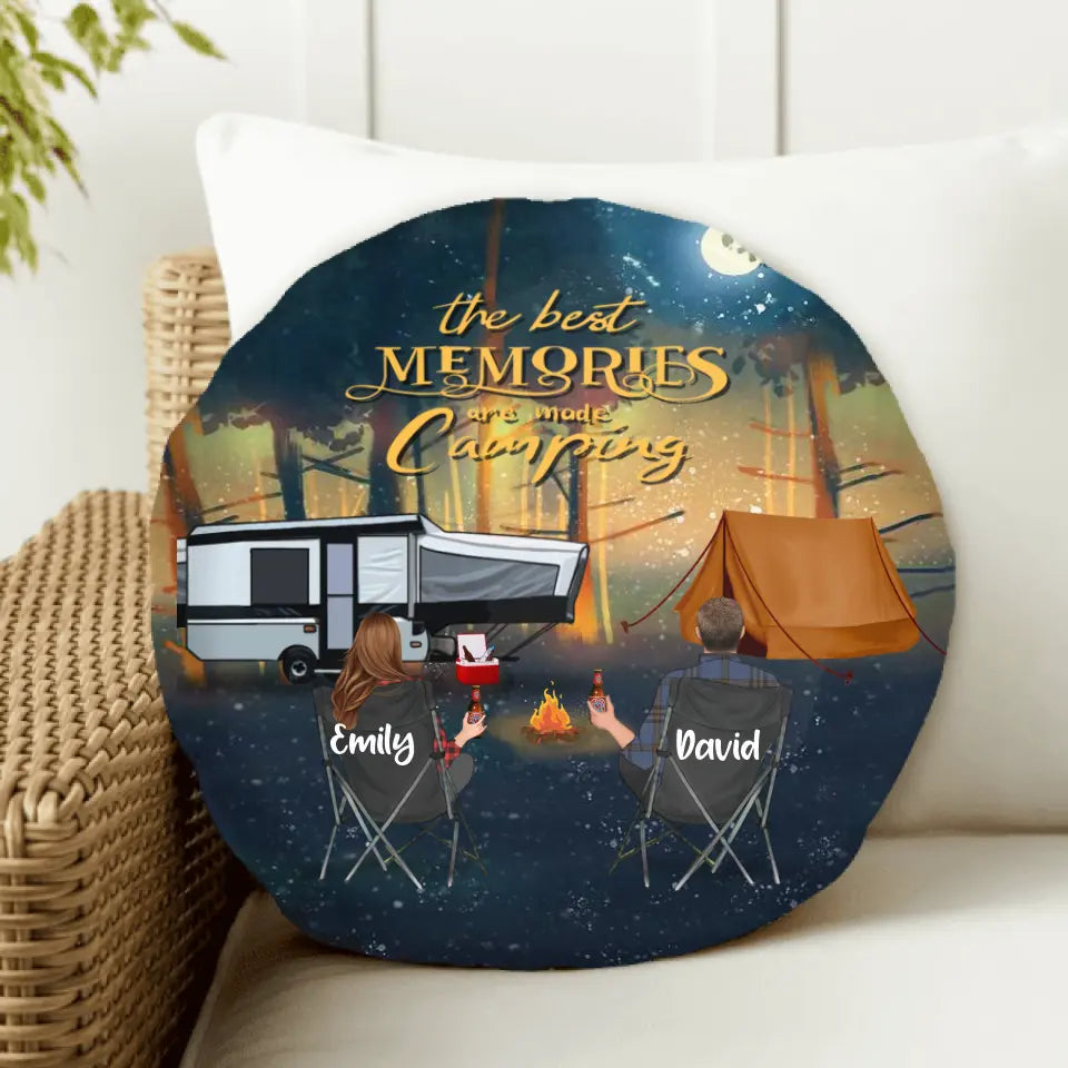 Personalized Night Camping Round Pillow - Couple/Parents With Up to 3 Kids And 4 Pets - Best Gift For Camping Lover - The Best Memories Are Made Camping