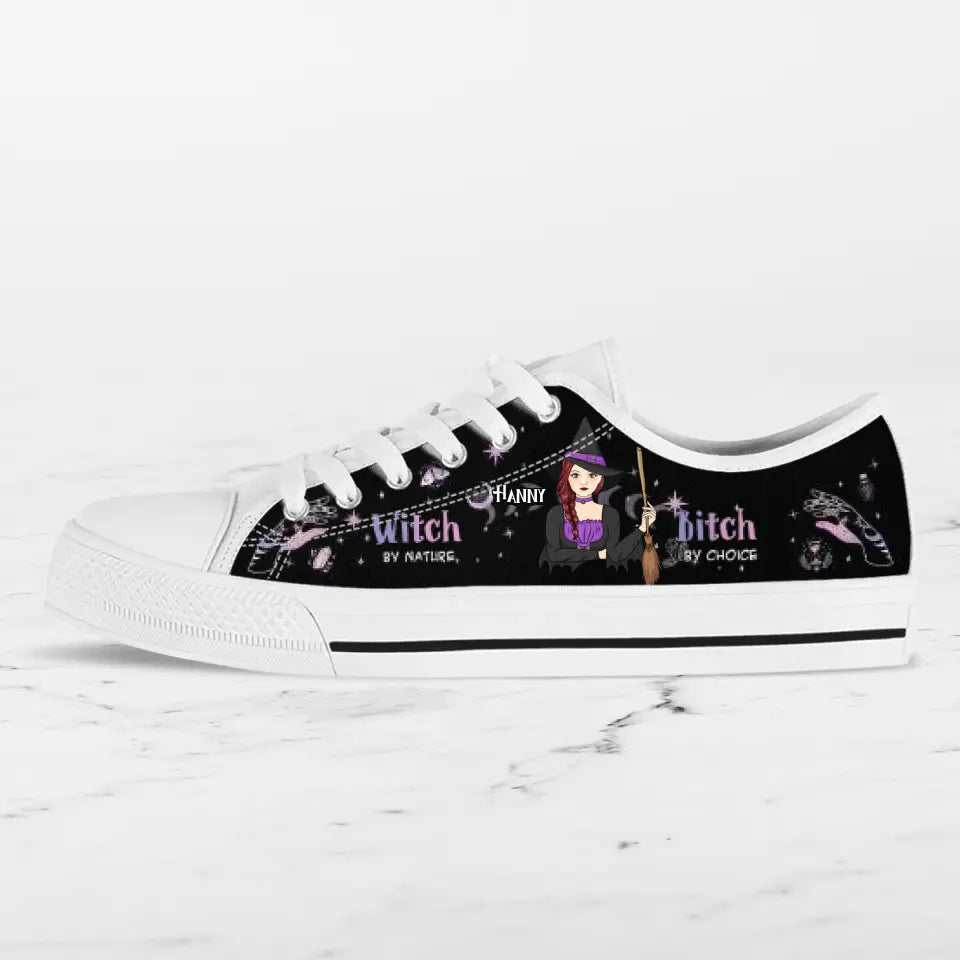 Personalized Witch Canvas Low Top Sneakers - Gift for Halloween - Witch by nature Bitch by choice Sneaker