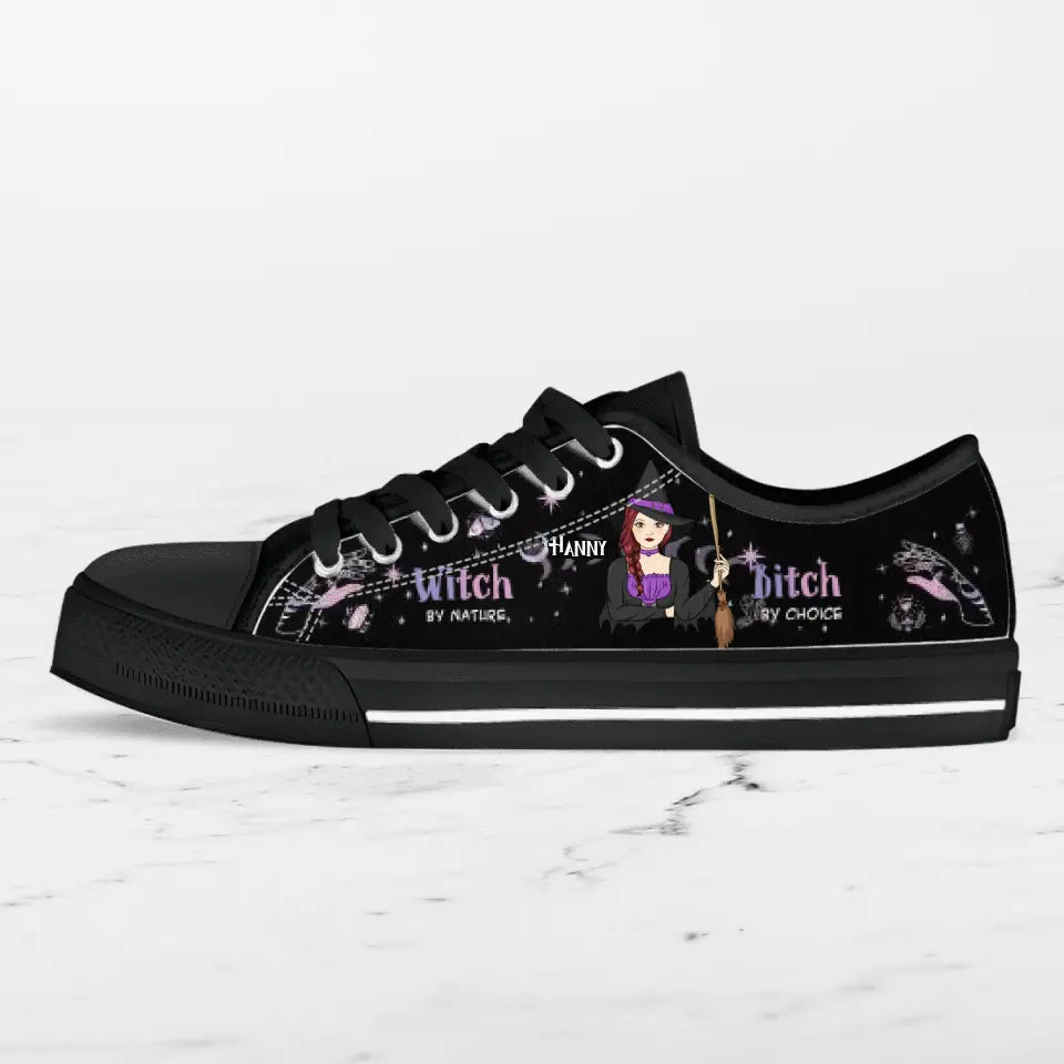 Personalized Witch Canvas Low Top Sneakers - Gift for Halloween - Witch by nature Bitch by choice Sneaker