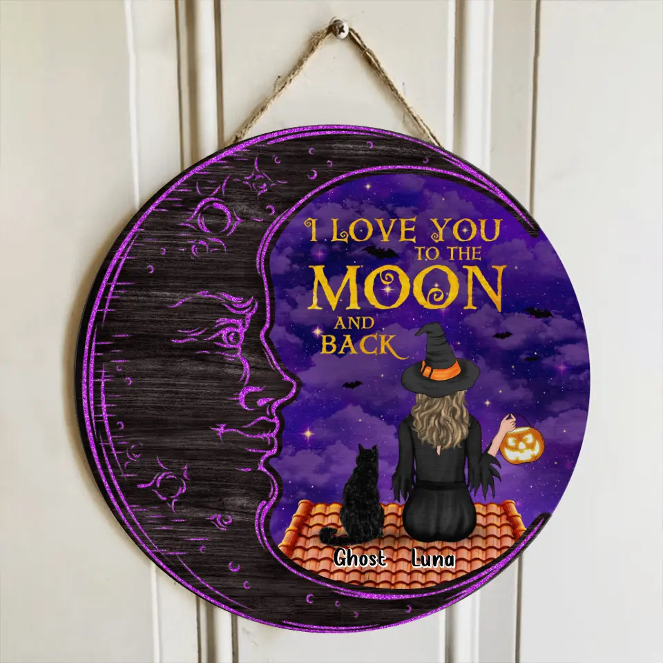 Personalized Cat Witch Double Layer Round Sign - Gift Idea For Halloween/Cat Lover - Up to 4 Cats - I Love You To The Moon And Back