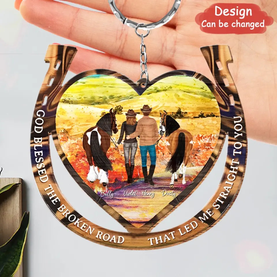 Personalized Couple Cowboy And Cowgirl Wooden Keychain - Gift Idea For Couple/Horse Lover -  God Blessed The Broken Road That Led Me Straight To You