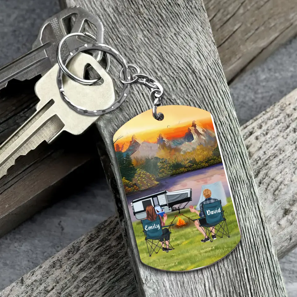 Personalized Camping Aluminum Keychain - Adult/Couple with Up to 2 Dogs/Cats - Gift Idea for Camping/Dog/Cat Lovers - Husband And Wife Camping Partners For Life