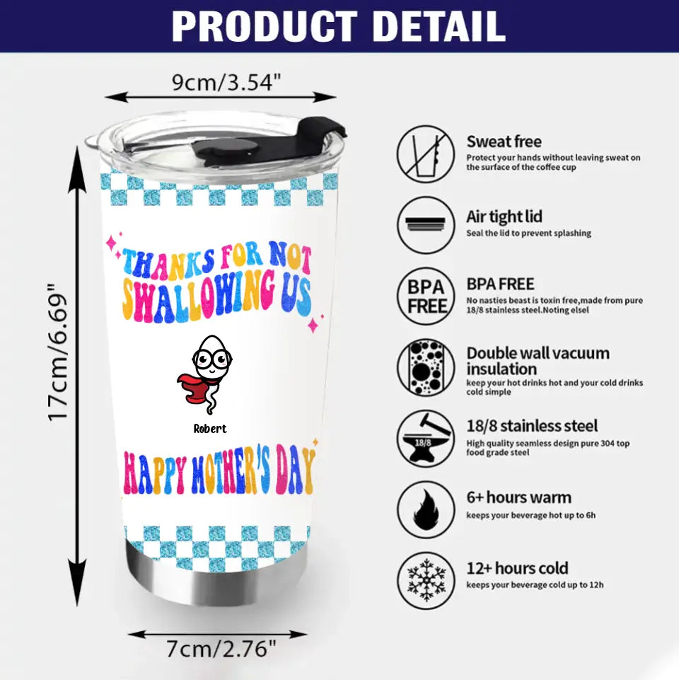 Personalized Mom Tumbler - Up to 8 Children - Gift Idea For Mother's Day - Thanks For Not Swallowing Us Happy Mother's Day